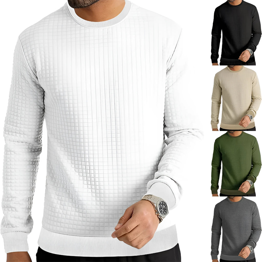 Men's long-sleeved round neck pullover in army green, slim fit polyester top