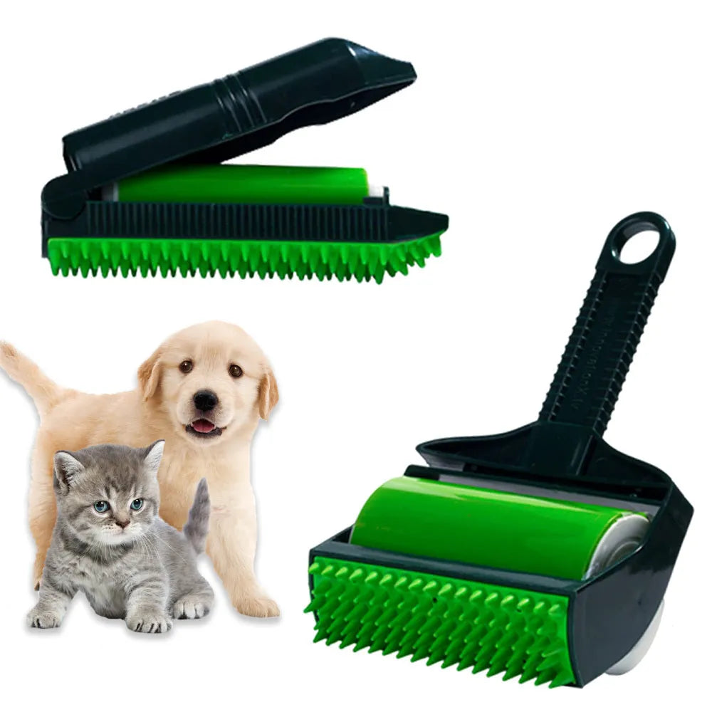 Yellow and green washable adhesive lint rollers for pet hair removal on a fabric sofa.