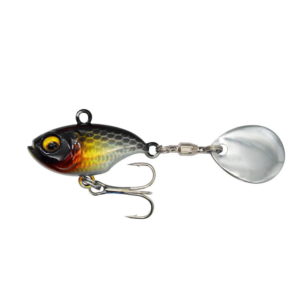 7.5g metal fishing lure with a spinning sequin in a gold colour pattern.