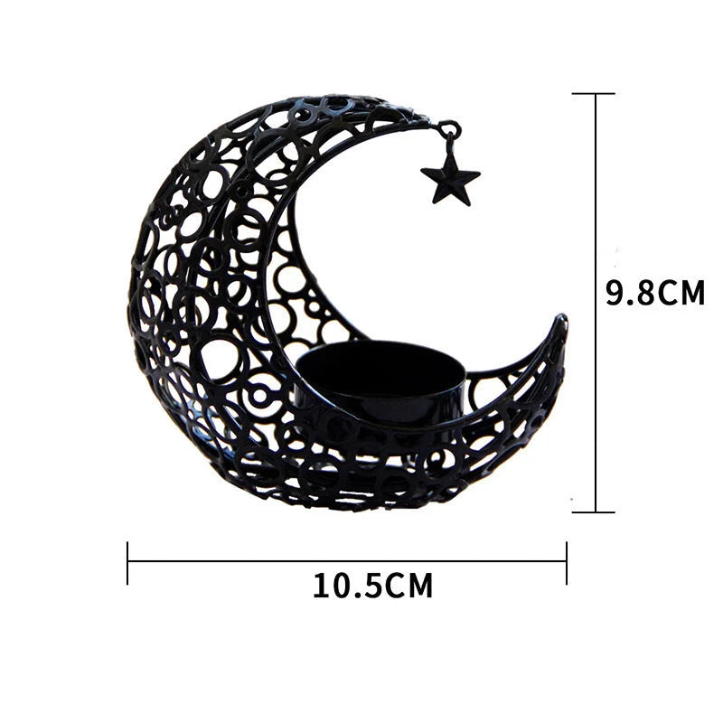 Crescent moon star metal candle holder in black or gold for elegant home decor