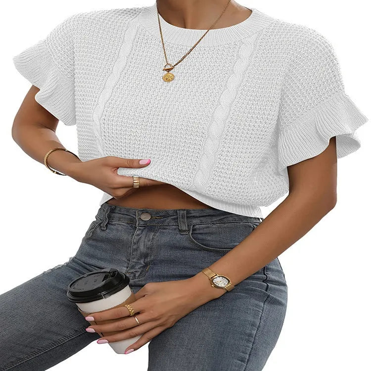 Knitted pullover sweater with twisted string ruffled short sleeves in Japanese Korean casual style
