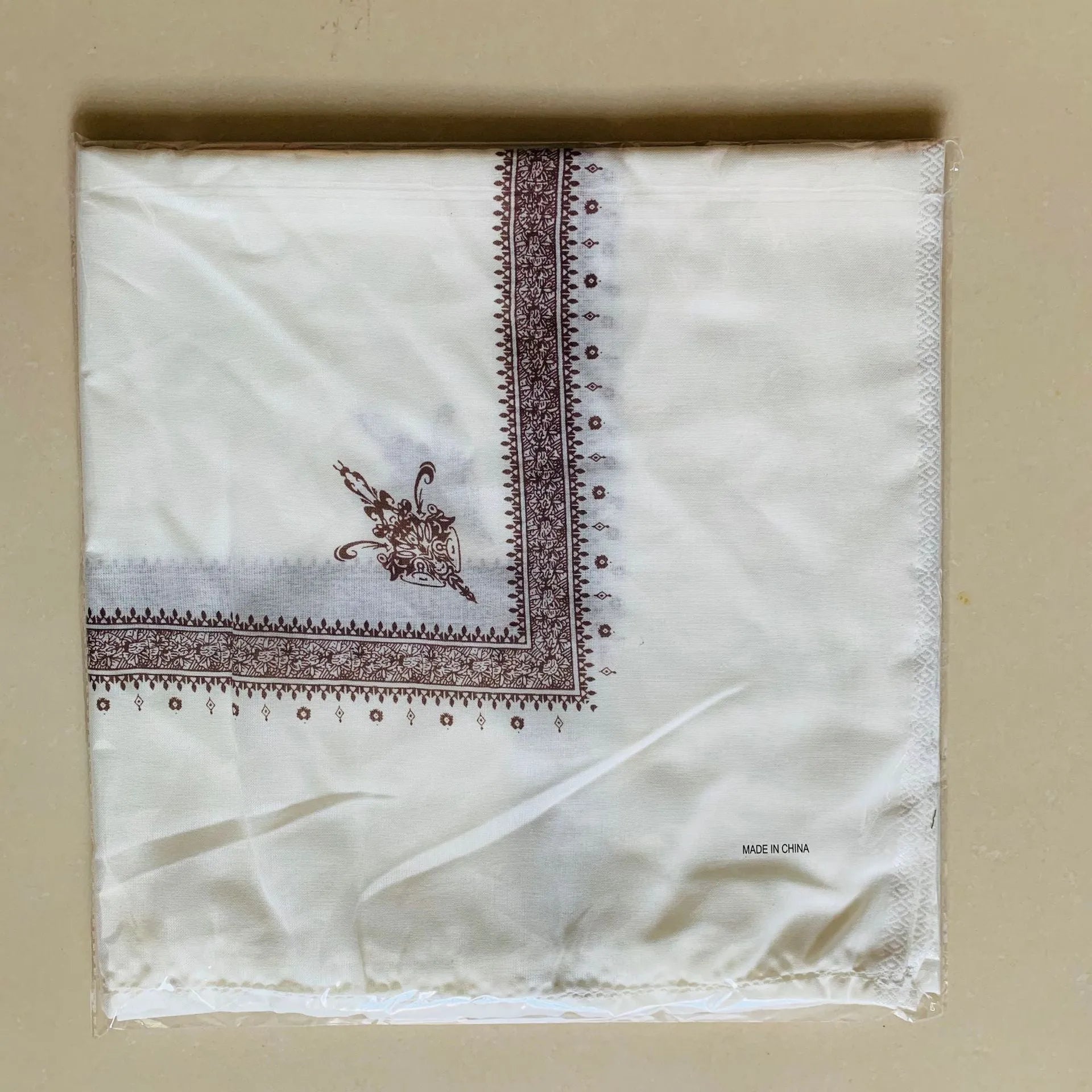 Printed square polyester scarf showing 138x138 cm dimensions with colour options including brown, grey, green, purple, navy blue, and purplish red
