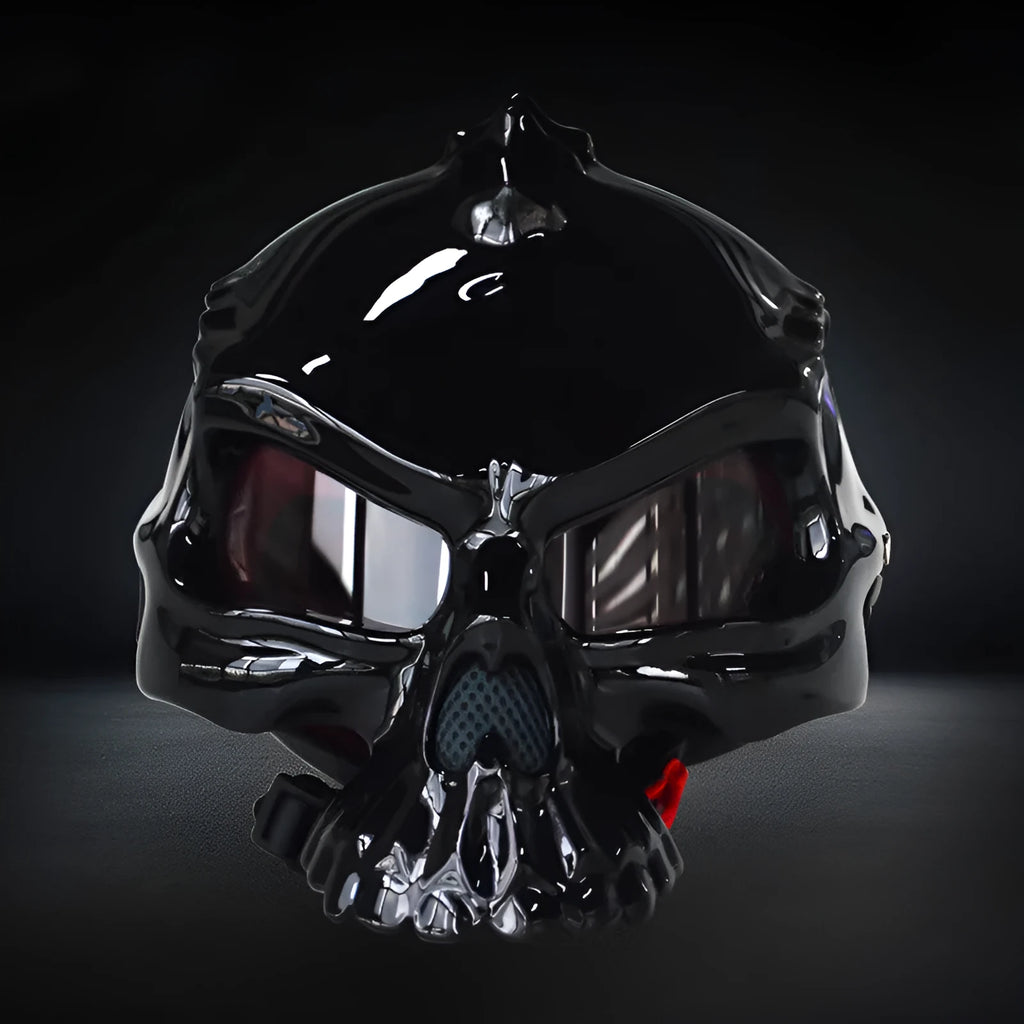 Skull art motorcycle helmet in ABS plastic available in multiple sizes and colours