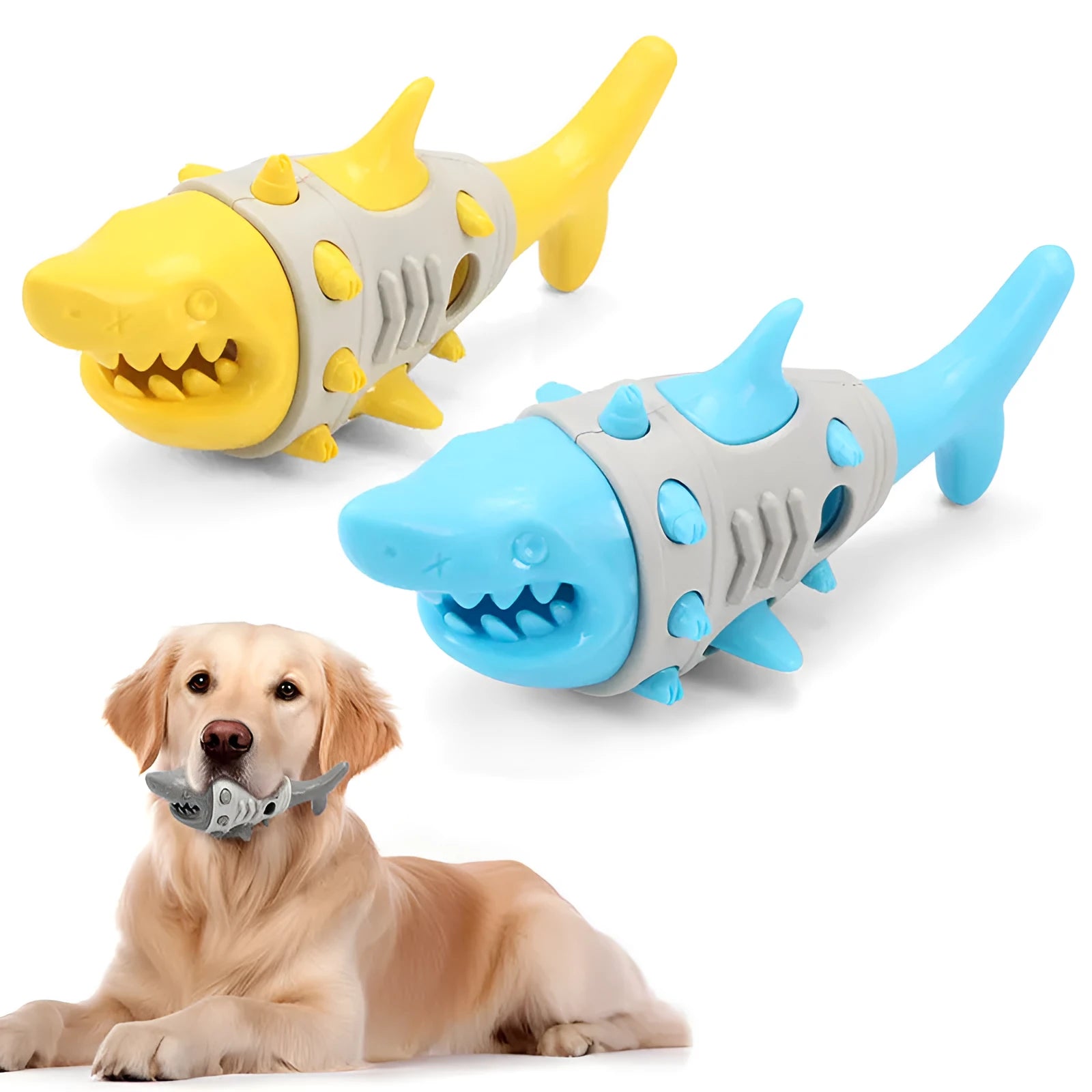 Blue dog teething toy with shark-tooth textured surface and visible air vents for bite-resistant chewing