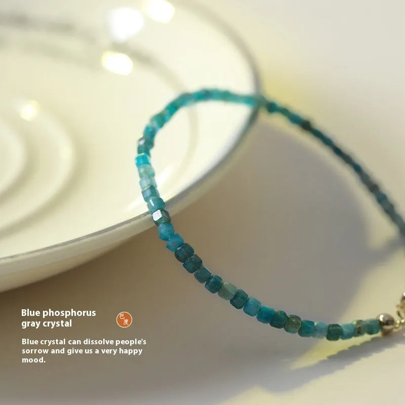 Adjustable women's bracelet with natural blue apatite crystal diamond-shaped beads