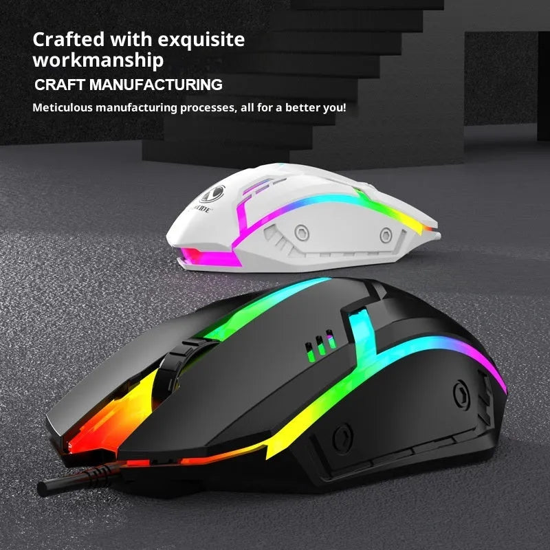 Black e-sports weighted wired USB gaming mouse on a desk