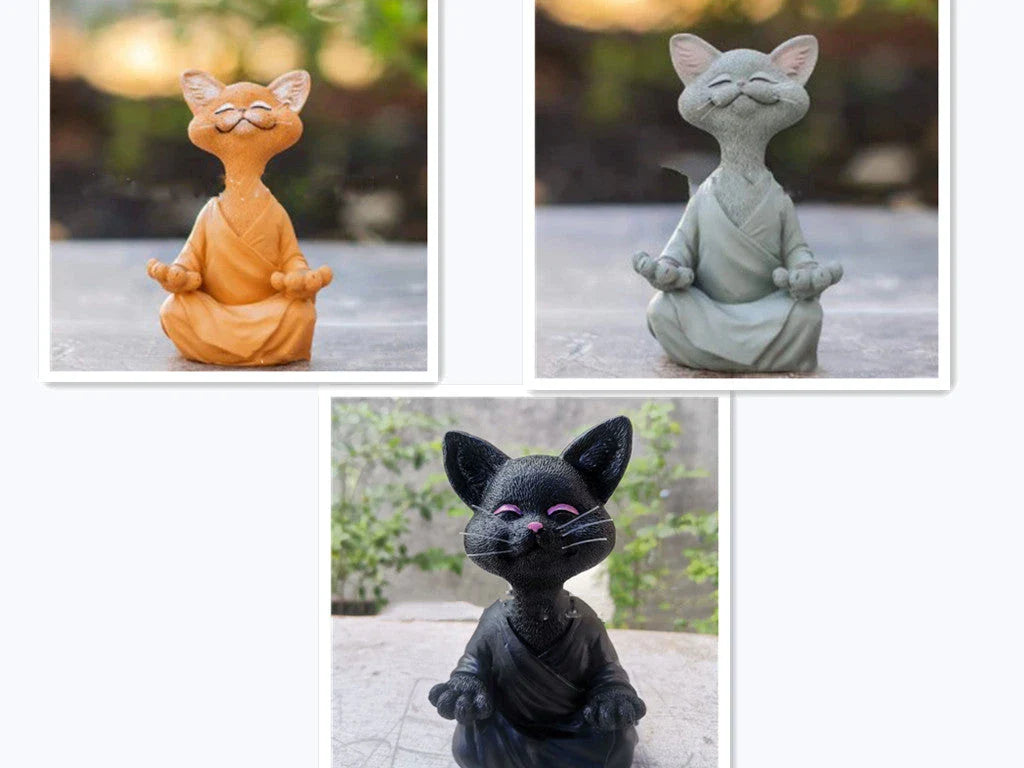 Charming ceramic Buddha cat figurine in black, grey, and orange colors for meditation, yoga, and home decor