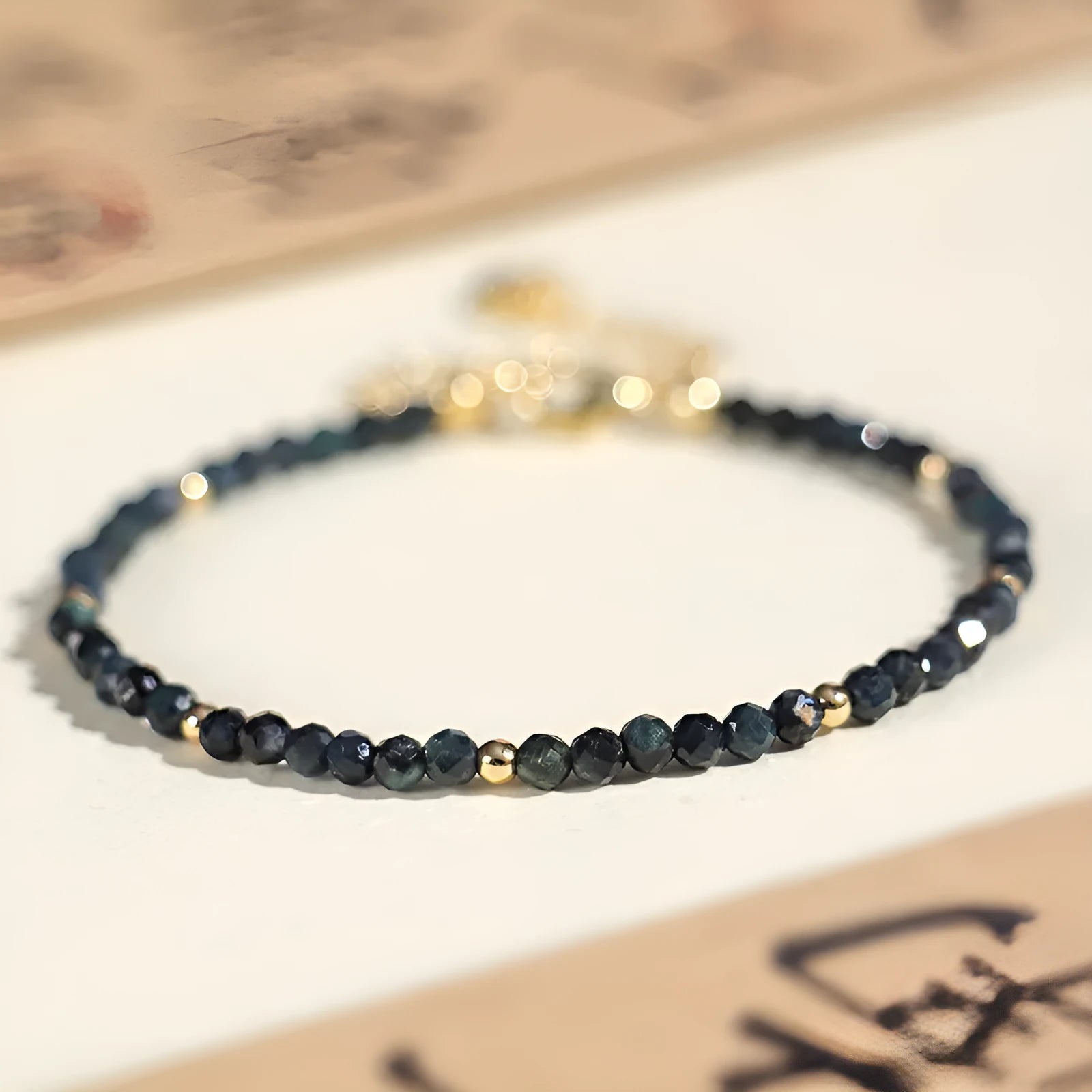 3mm blue tourmaline spacer bead bracelet for women showing gemstone beads and pattern detail