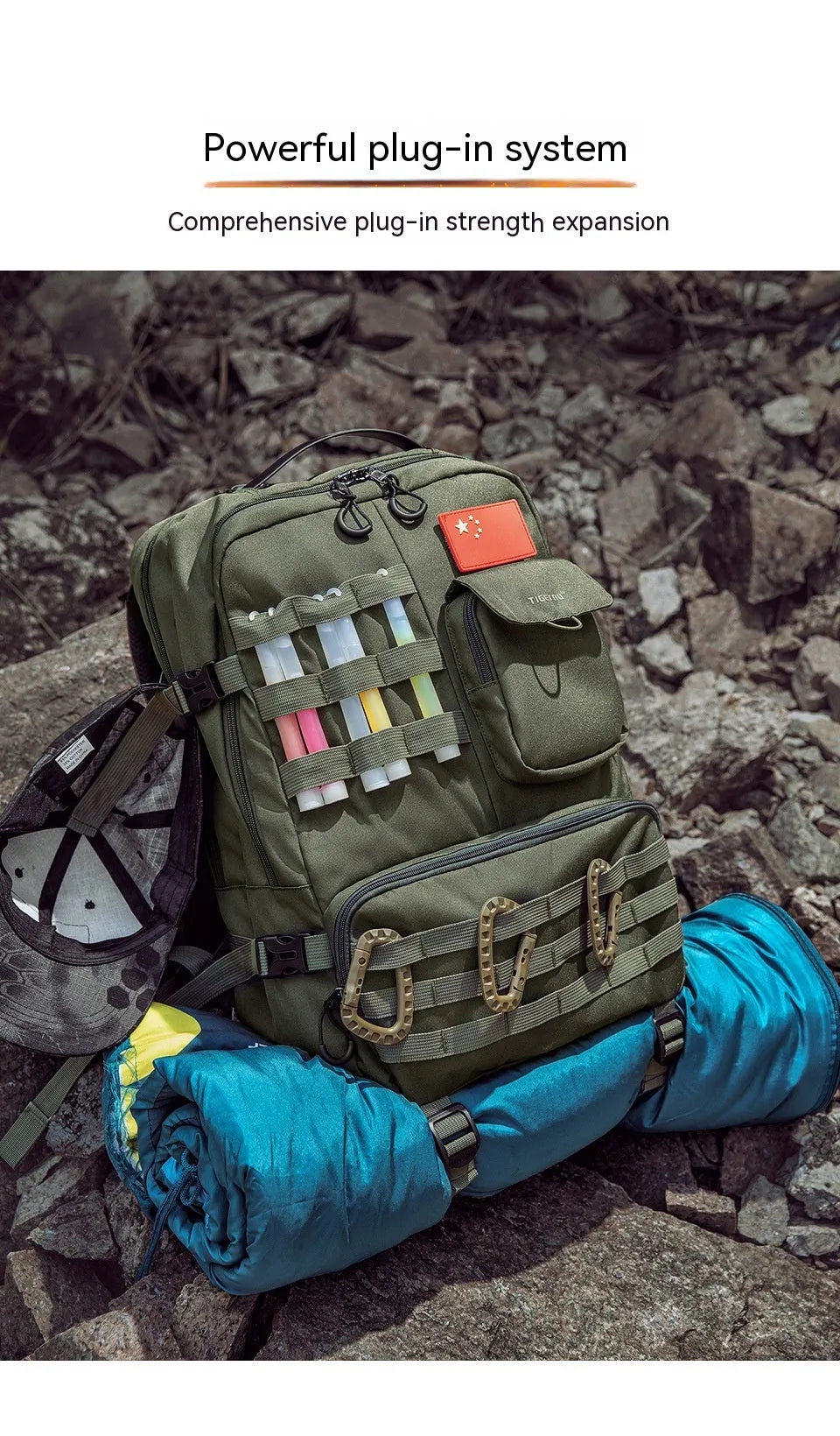 Army green tactical backpack with waterproof nylon construction showing front compartments