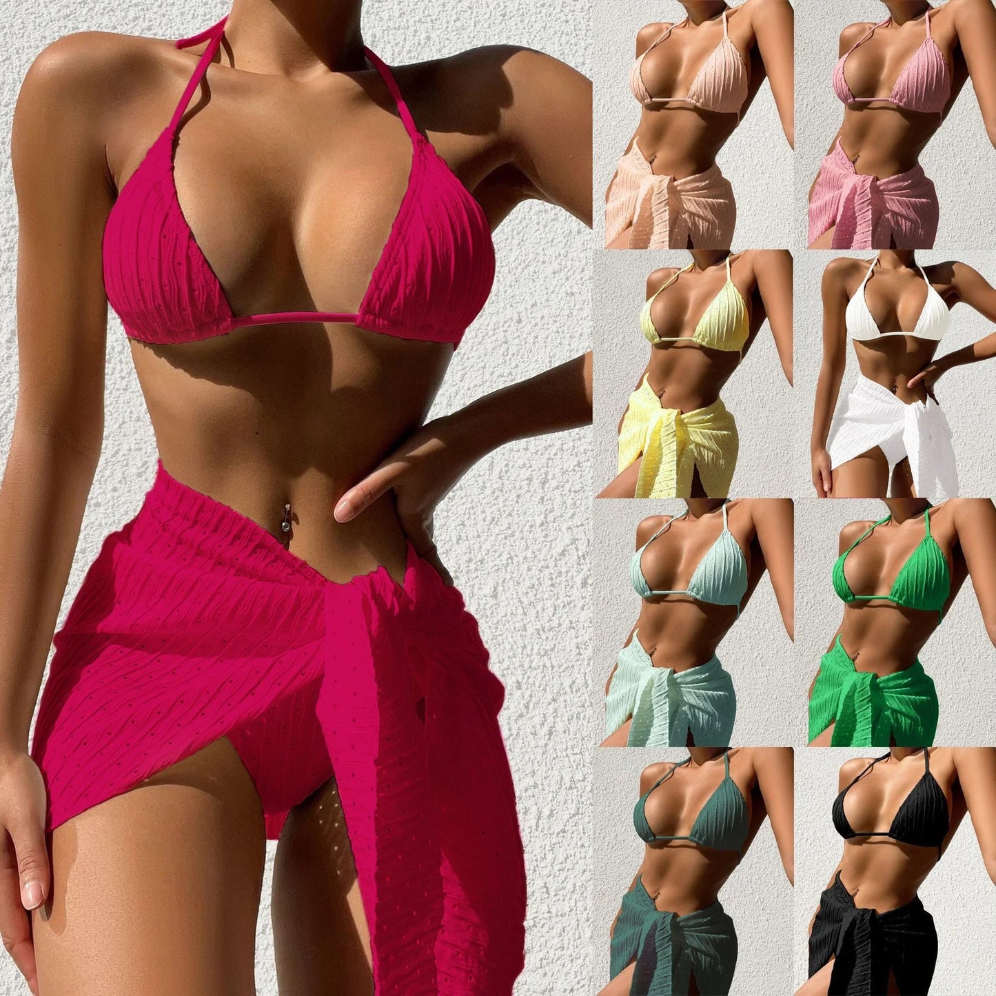 Stylish 3-piece halter bikini set with mesh skirt in various vibrant colors