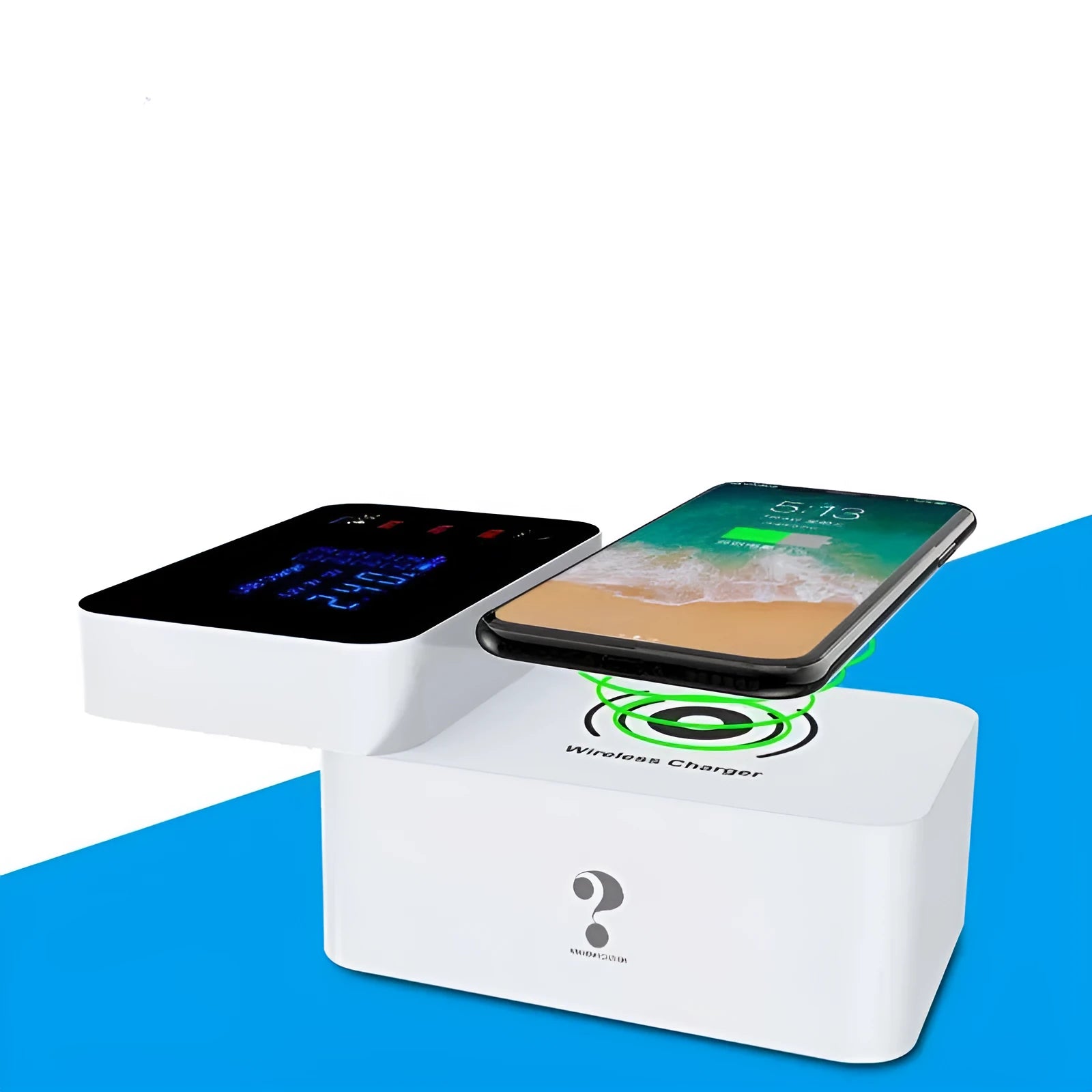 White multi USB port fast wall charger with integrated 10W wireless charging pad and UK, EU, US travel plug adapters