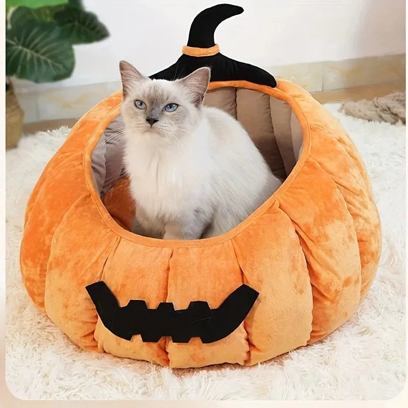 Halloween pumpkin cat bed with cartoon devil design in plush fabric for cats and small dogs