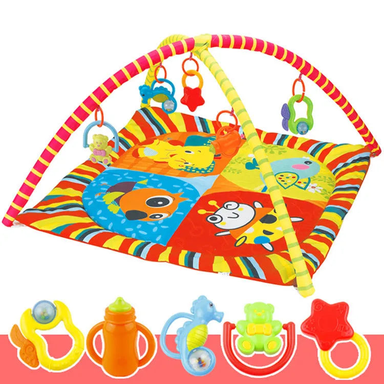 Velvet baby gymnastic rack game blanket in small animal or big animal pattern on floor.