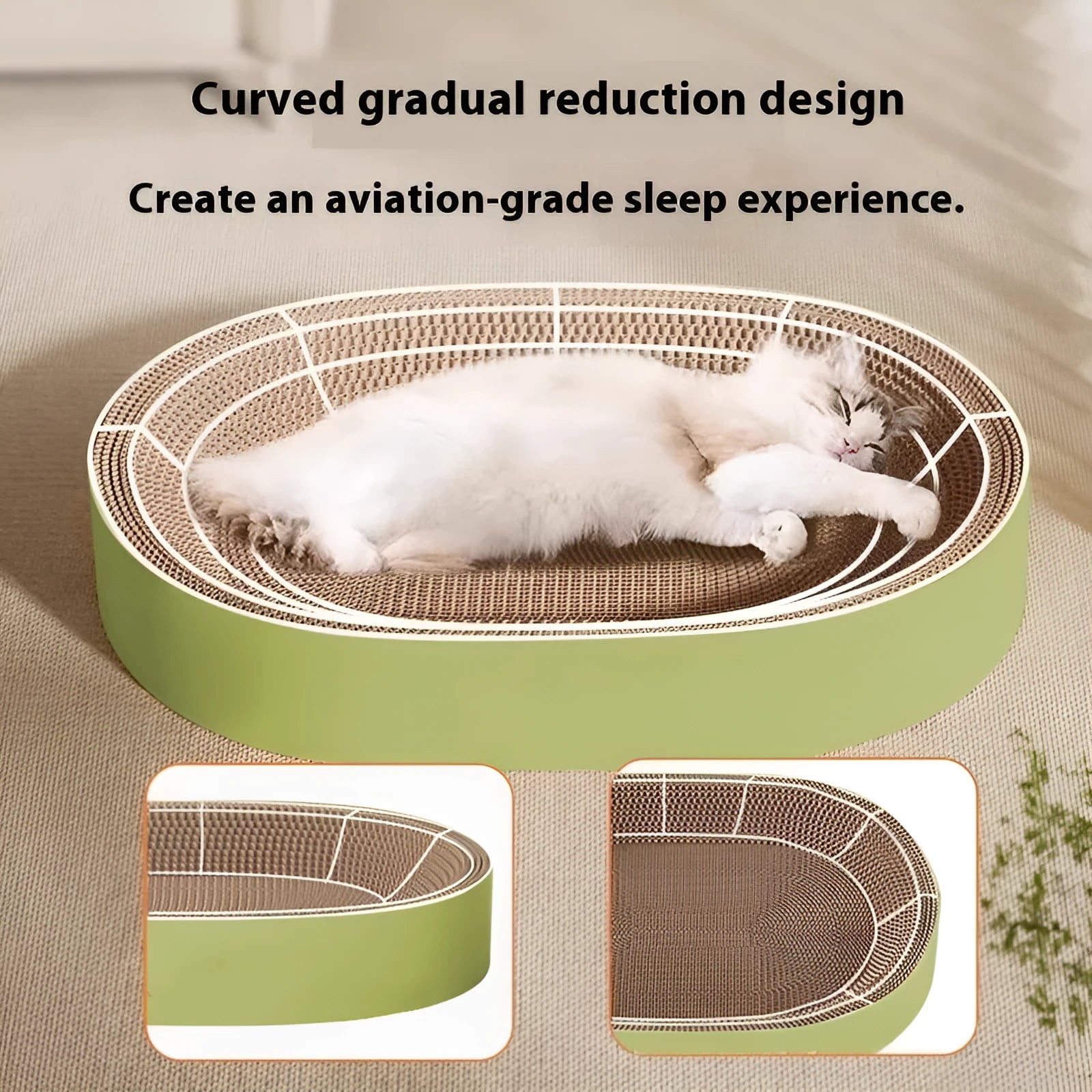 Green oval corrugated paper cat scratch board and lounging nest with a 55cm diameter.