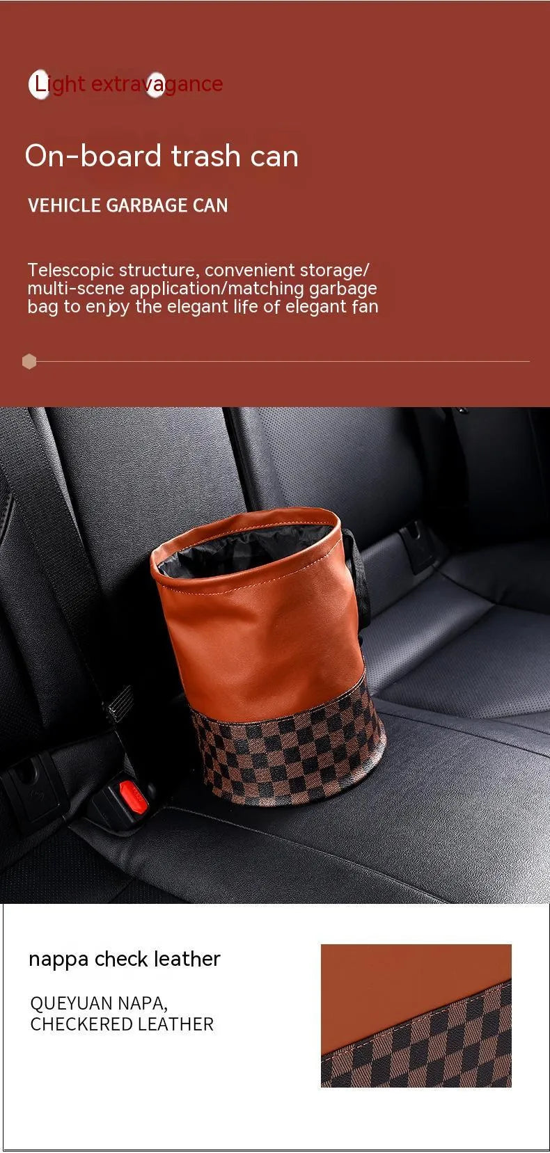 Black retractable leather car rubbish bin with carry handle, shown in folded and expanded states.