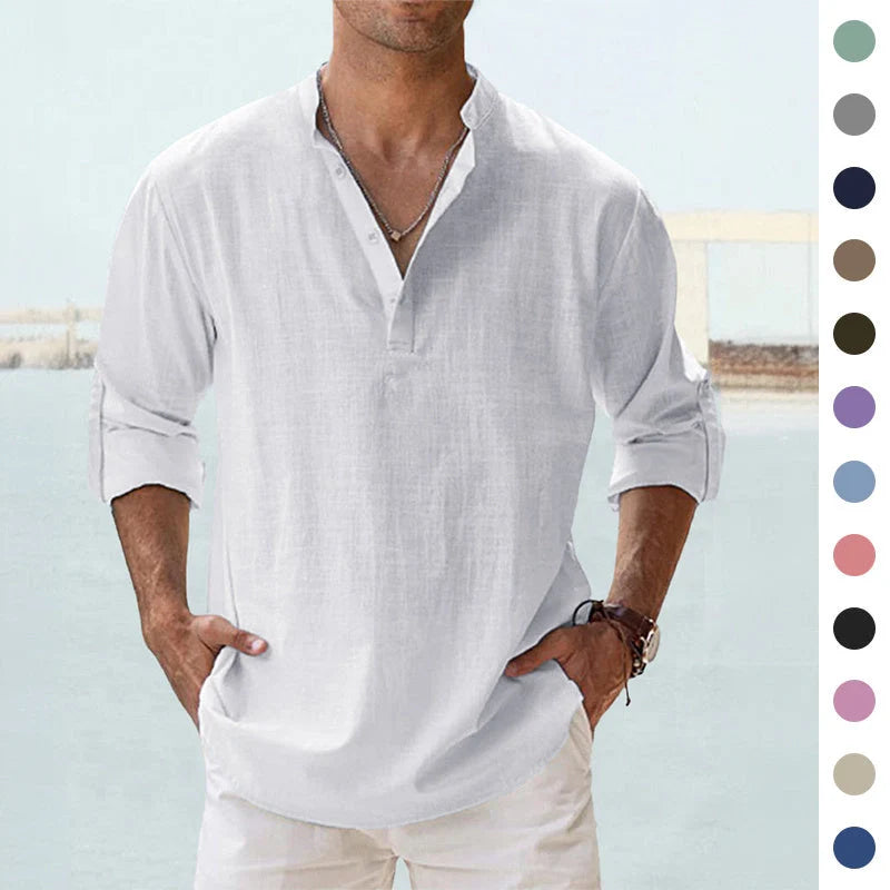 Men's long sleeve cotton linen shirt with stand collar in various colours