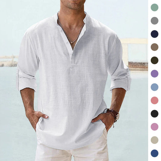 Men's long sleeve cotton linen shirt with stand collar in various colours