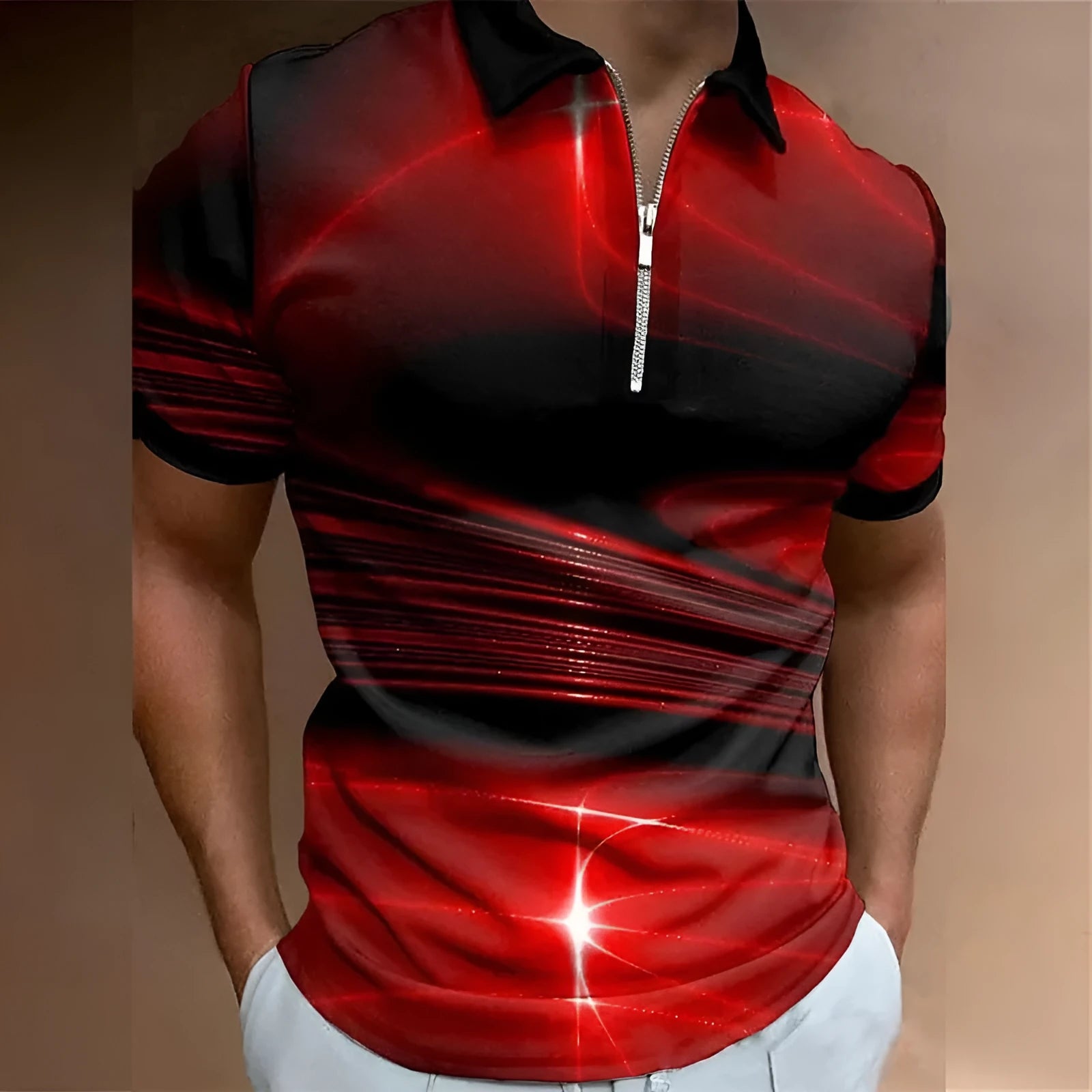 Men's blue zip-front polo shirt with lapel collar and short sleeves made from thin bird eye cloth
