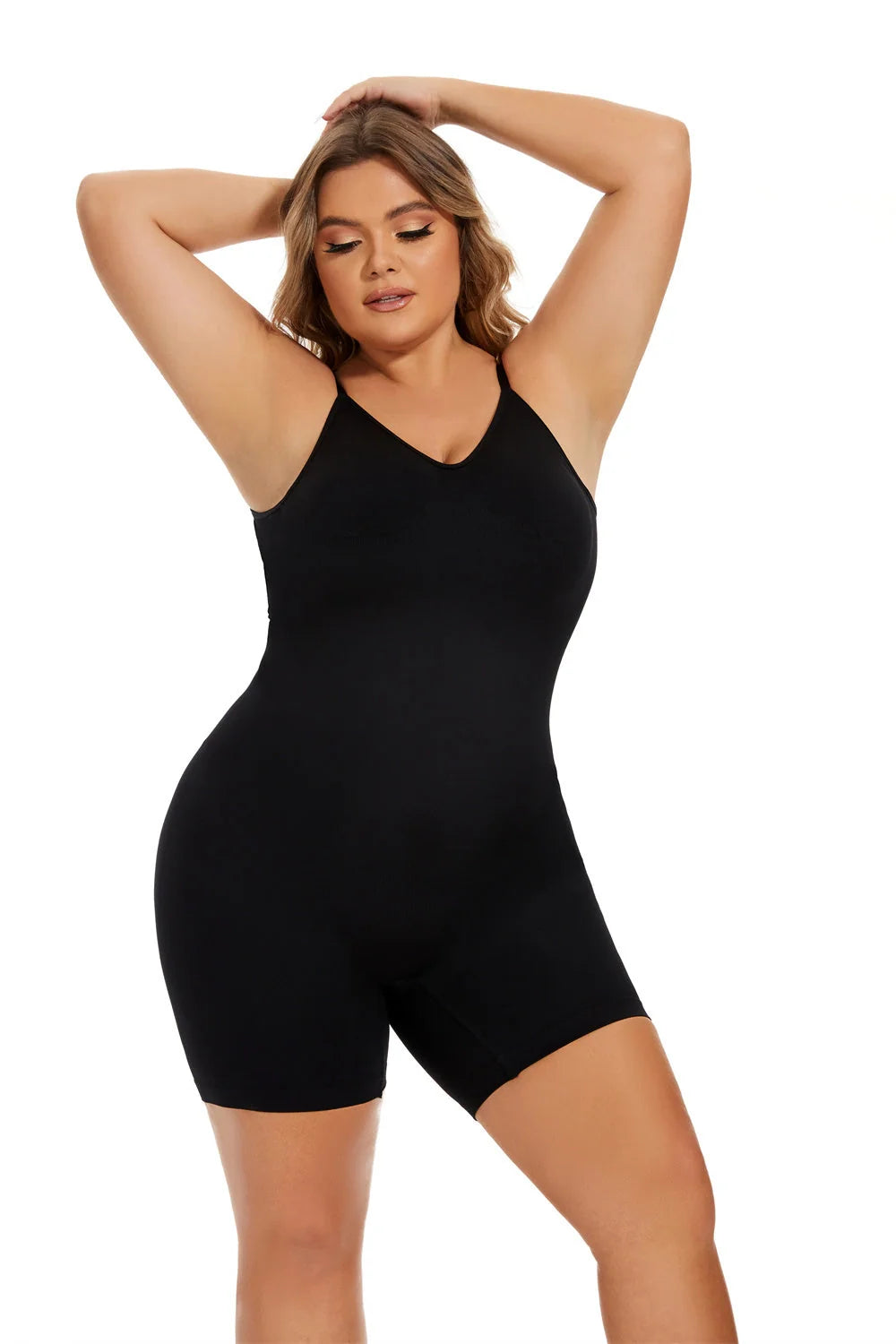 Waist-fitted jumpsuit in black, beige, and brown with belly control and hip-lift design