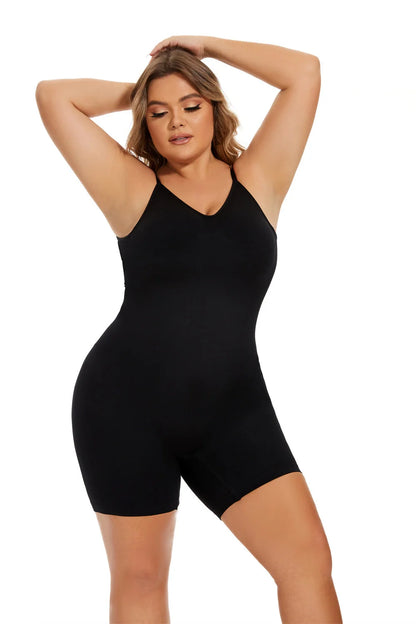 Waist-fitted jumpsuit in black, beige, and brown with belly control and hip-lift design