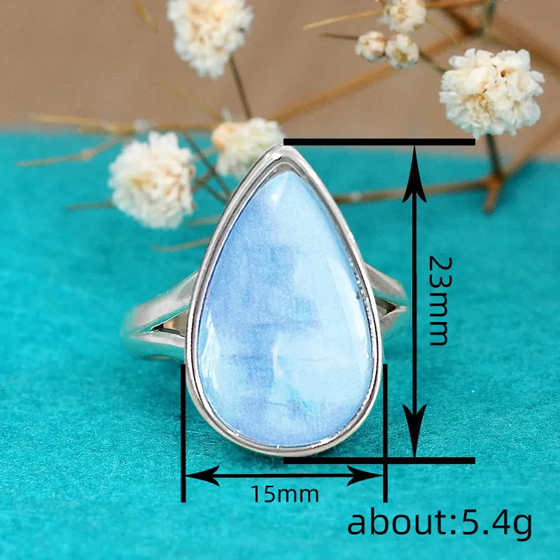 Blue water drop geometric copper ring for women with electroplated A077 White Gold finish
