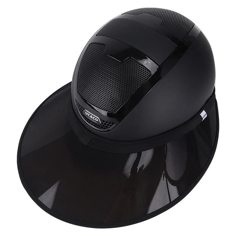 Black PVC outdoor riding helmet with sun visor for equestrian use