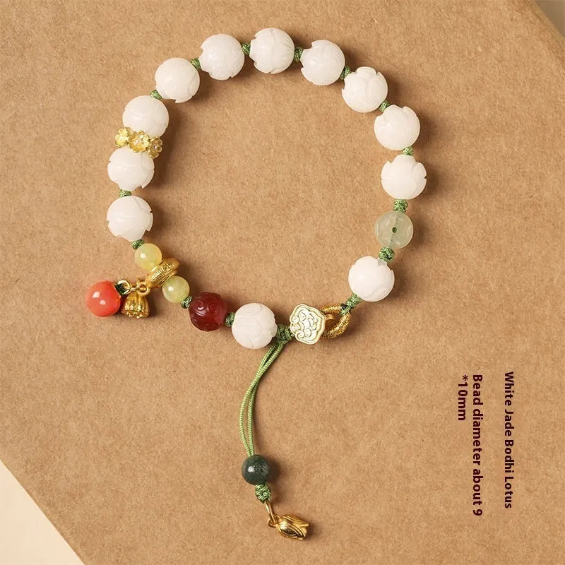 White jade bodhi bracelet with hand-woven lotus and pumpkin beads on open rope