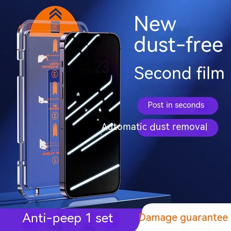 Two-pack dust-free tempered glass screen protector for iPhone, showing HD and privacy variants.