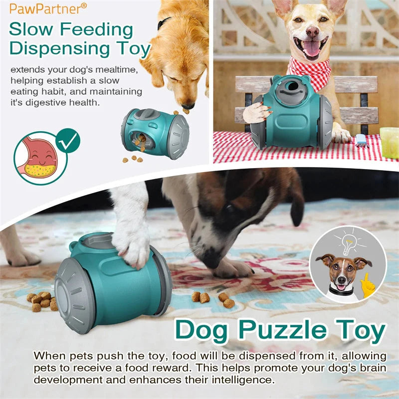 Interactive dog tumbler toy in red, green, and pink for IQ enhancement and slow feeding