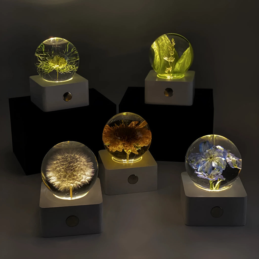 Small 8cm desktop night light with pressed dandelion and sunflower inside, USB cable included.