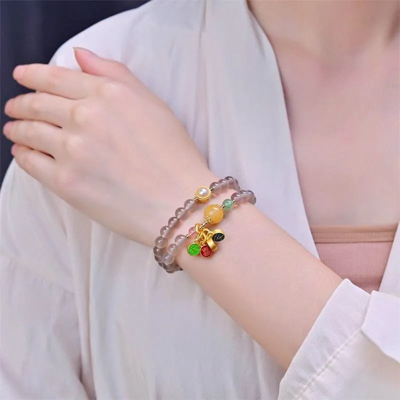 Women's handmade gray agate bracelet with a two-circle safe and happy retro design.