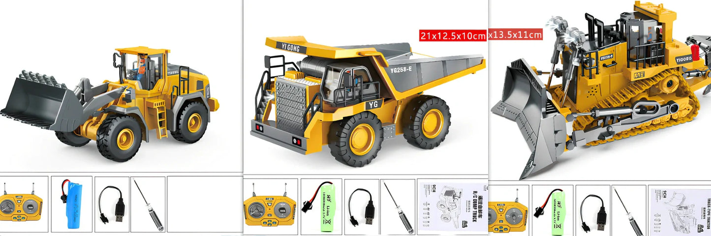 Children's grey-green 11-channel alloy excavator toy car with remote control, rechargeable battery, and simulation digging arm extended 15cm