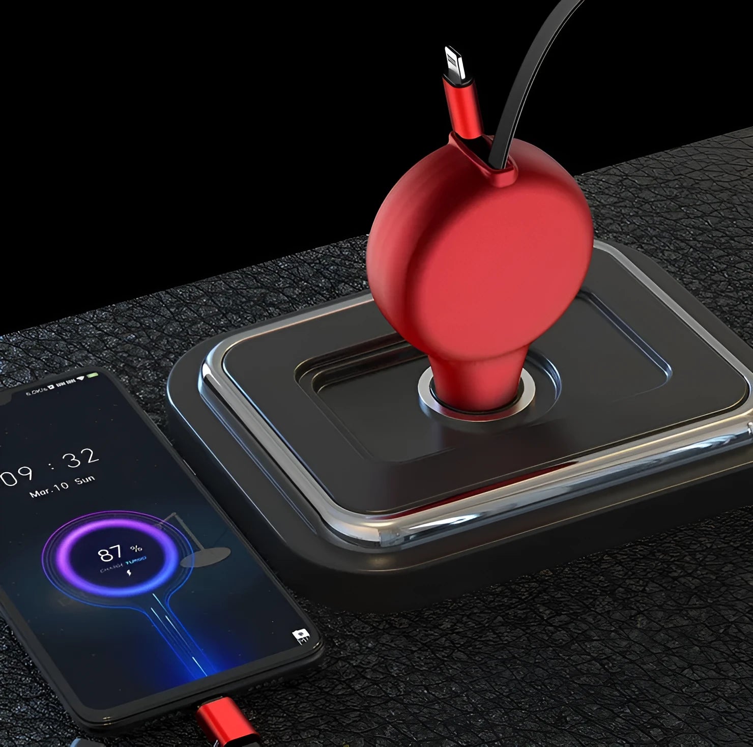Black retractable car charger with two extended cables and multiple charging heads on a car dashboard.