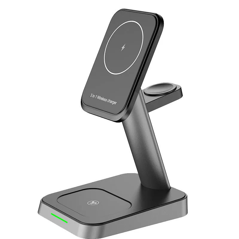 Black minimalist vertical wireless charger with integrated power bank and watch charging dock