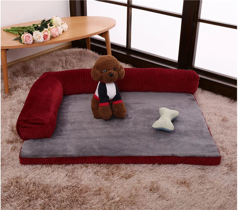 Corduroy Pet Sofa in various sizes and colors, featuring a non-slip base and high-density sponge padding