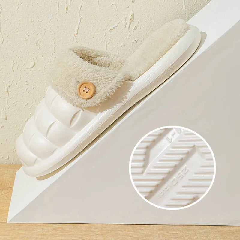 Plaid detachable EVA slippers with non-slip soles and plush lining in pink, green, yellow, white, grey, and black.
