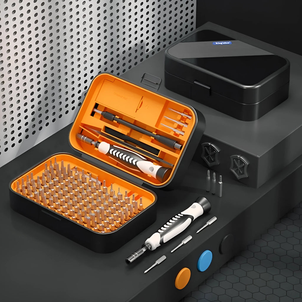 130-in-1 precision screwdriver tool set in orange and blue compact storage case with CRV steel bits and PPC handle