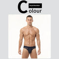 Men's black mesh briefs with low waist design showing elastic waistband and breathable fabric
