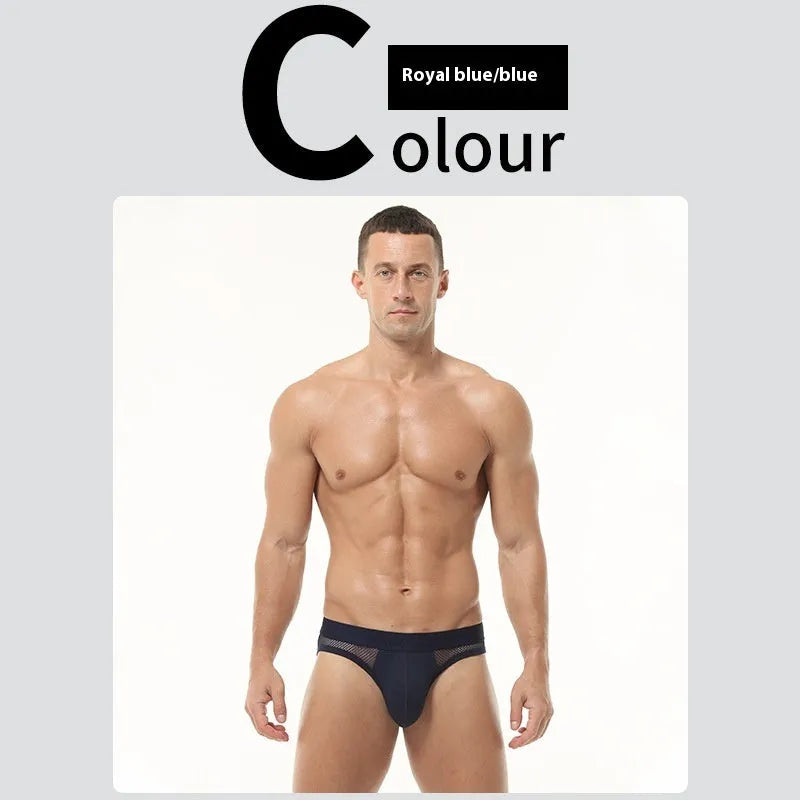 Men's black mesh briefs with low waist design showing elastic waistband and breathable fabric