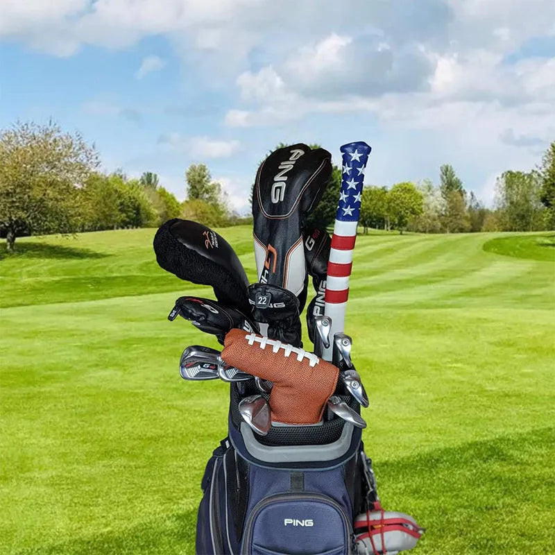 Black PU leather golf club head cover case with a sleeve for a push rod.