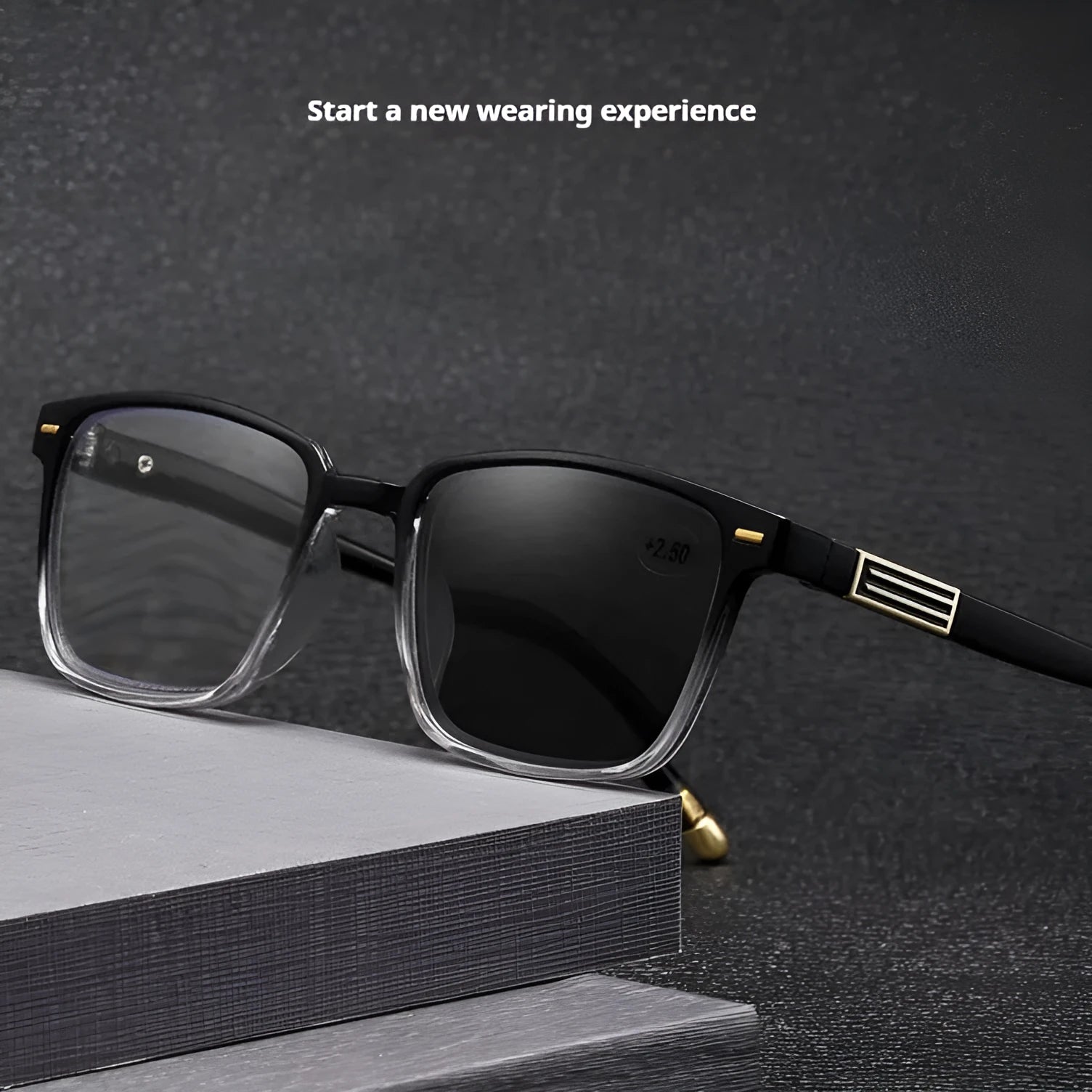 A pair of multifocal reading glasses with colour changing, anti blue light PC lenses in a black and silver frame style.
