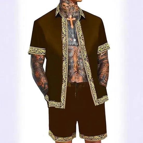 Men's casual loose short sleeve shirt and shorts Hawaii suit in polyester fabric summer set with eight colour options