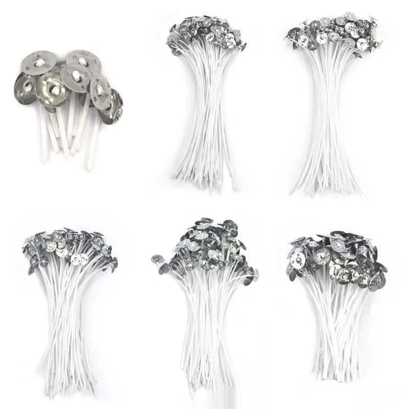A bundle of white, tightly woven cotton candle wicks in varying lengths for DIY candle making.