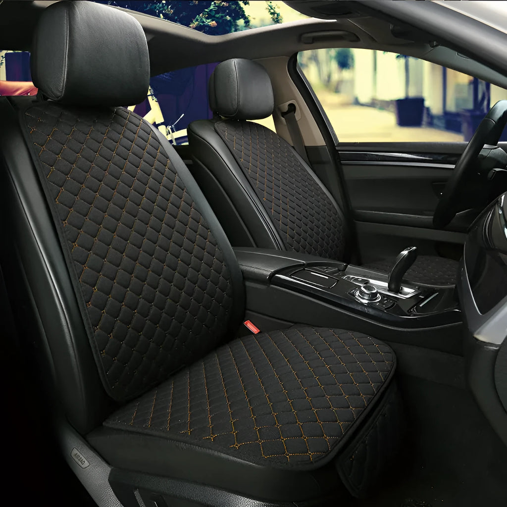 Linen car seat cushion in six colour variations showing decorative enhancement on vehicle seat