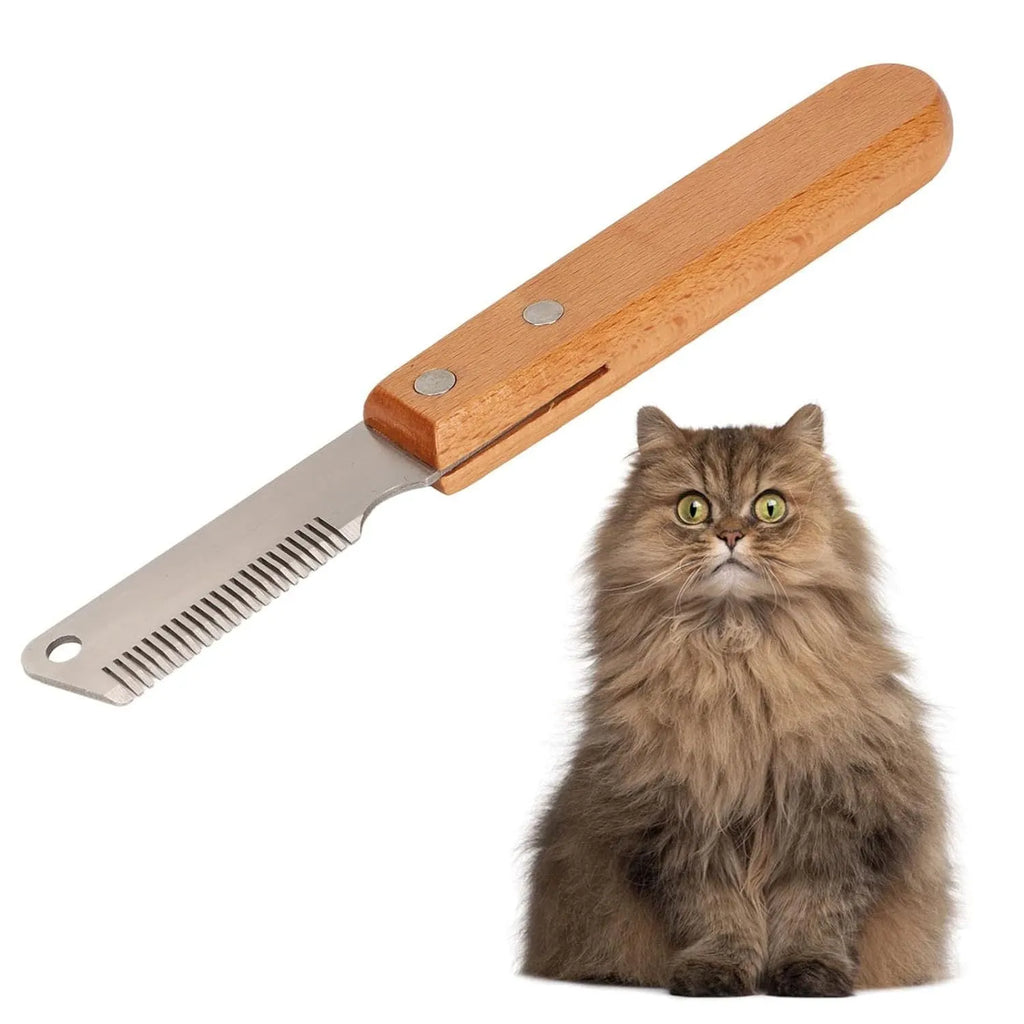 Pet stripping comb grooming tool with wood handle and metal teeth, shown in long and short size options.