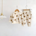 Baby cotton round neck bear cartoon sweater and trousers suit in rice apricot for 66-100cm height