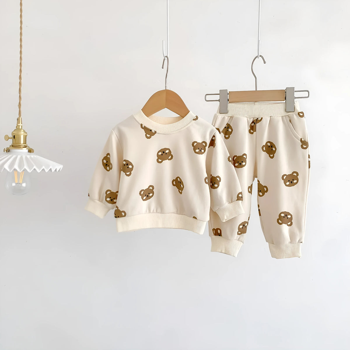 Baby cotton round neck bear cartoon sweater and trousers suit in rice apricot for 66-100cm height