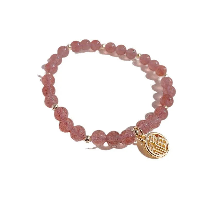 Glass bracelet with strawberry quartz detailing in New Chinese style with manual processing