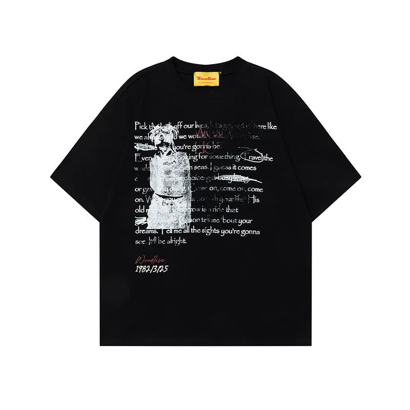 Men's black and white pure cotton T-shirt with printed letters and loose retro high street style