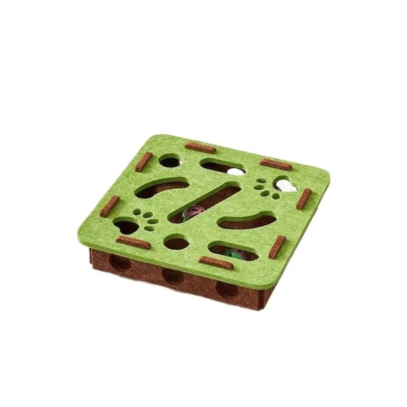 Green brown felt cube cat scratching toy with hollow centre for play.
